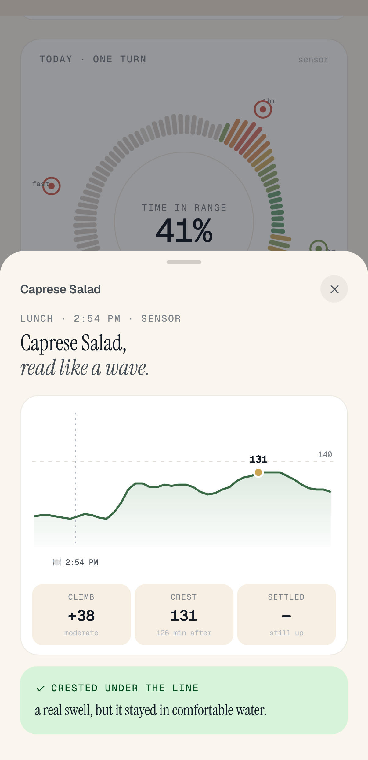 Bloom — a meal's glucose curve, read like a wave