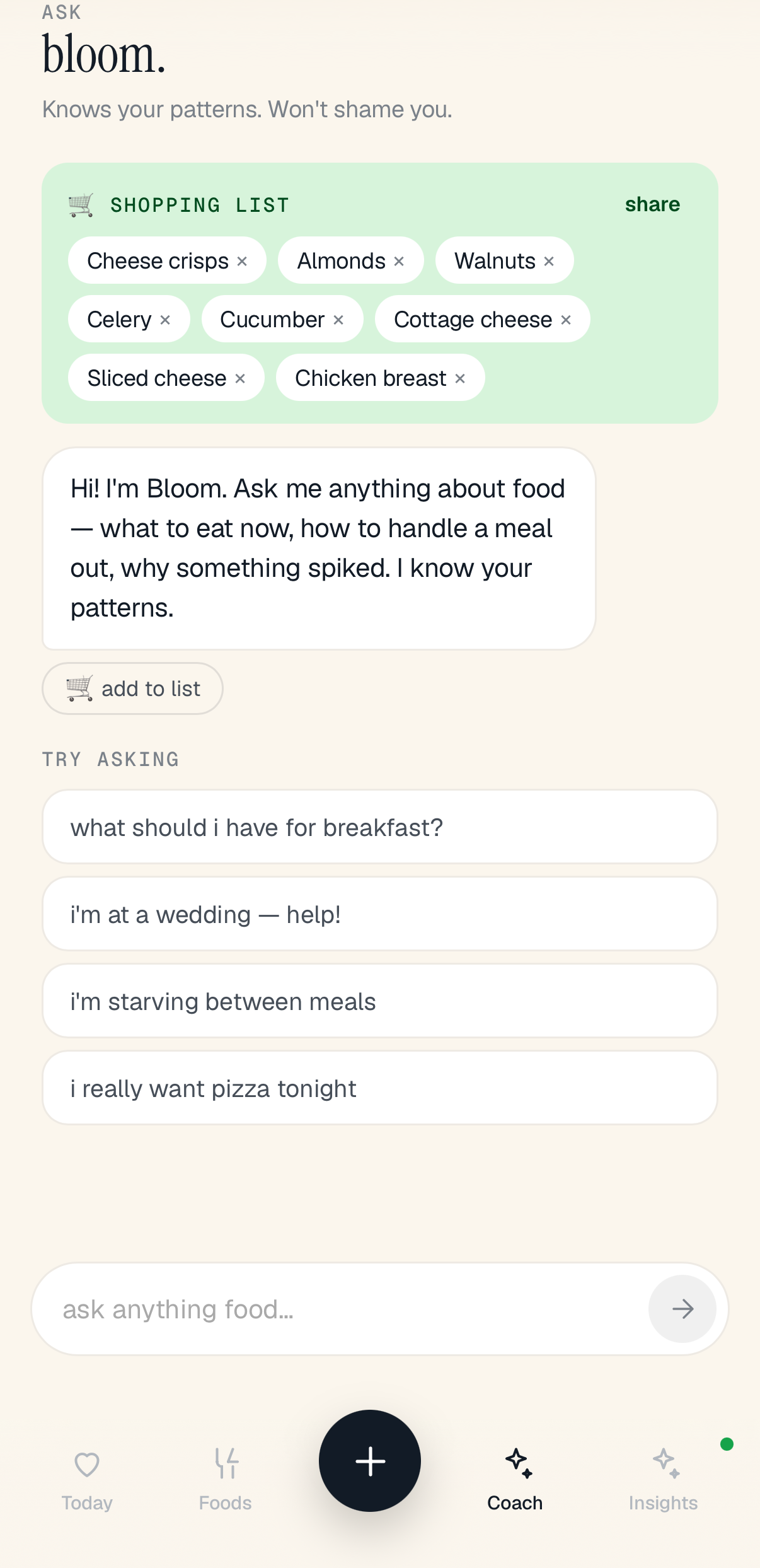 Bloom — ask anything food-related, no shame